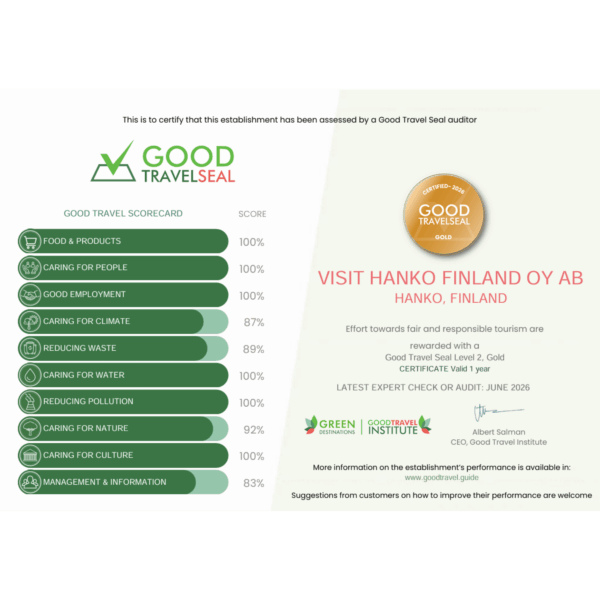 Visit Hangolle myönnetty Good Travel Seal-sertifikaatti, eli kestävää matkailua tukeva sertifikaatti. Kuvassa Visit Hangon tulokset.